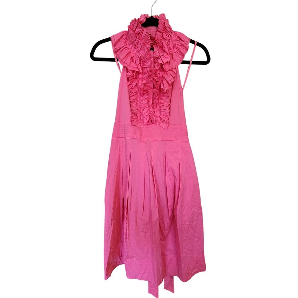 BCBGMaxazria Size 12 Halter Neck Ruffle Flare Dress Pink Tie Sleeveless Button